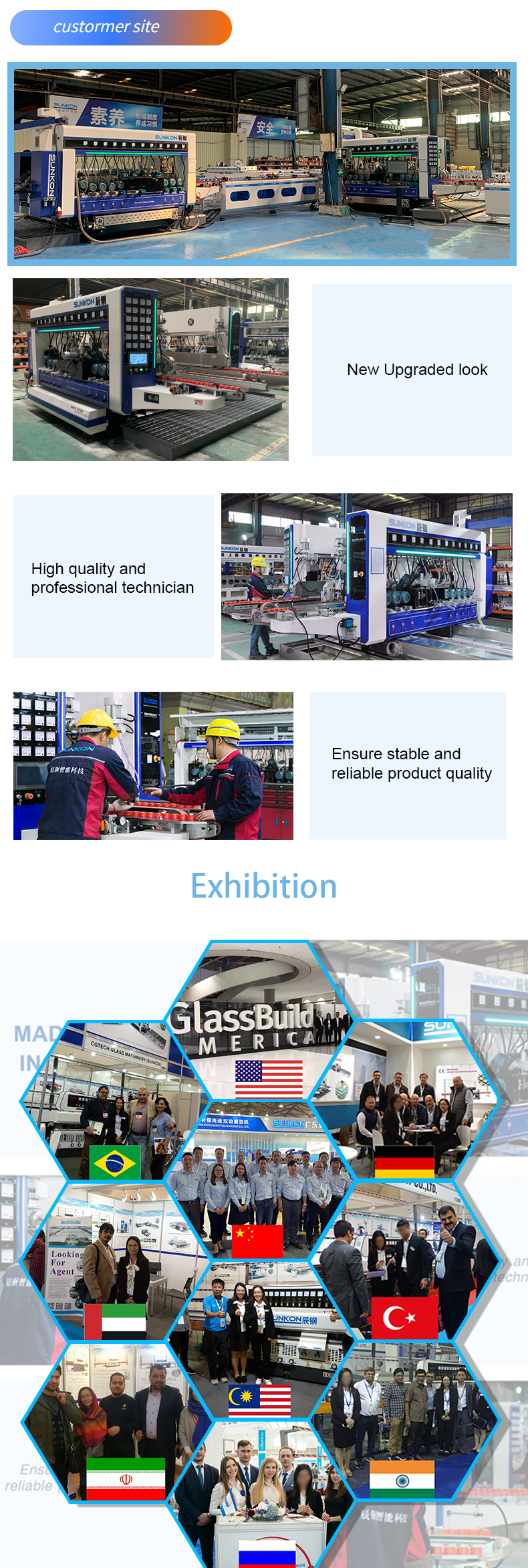 the customer site of glass double edging machine  snf has attended  many exhibitions